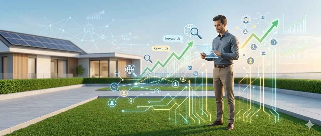 Man analyzing SEO strategies in artificial grass marketing, USA