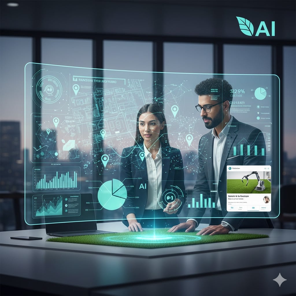 Business professionals analyzing AI marketing data, USA.