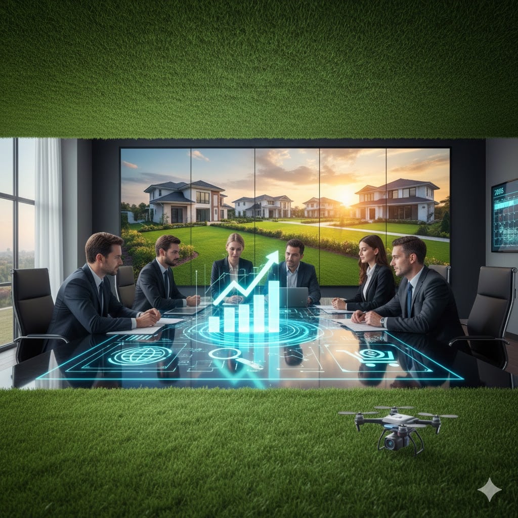 Business meeting with AI-driven marketing strategies for artificial turf in USA.