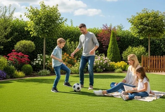 Family playing soccer on artificial grass in USA.