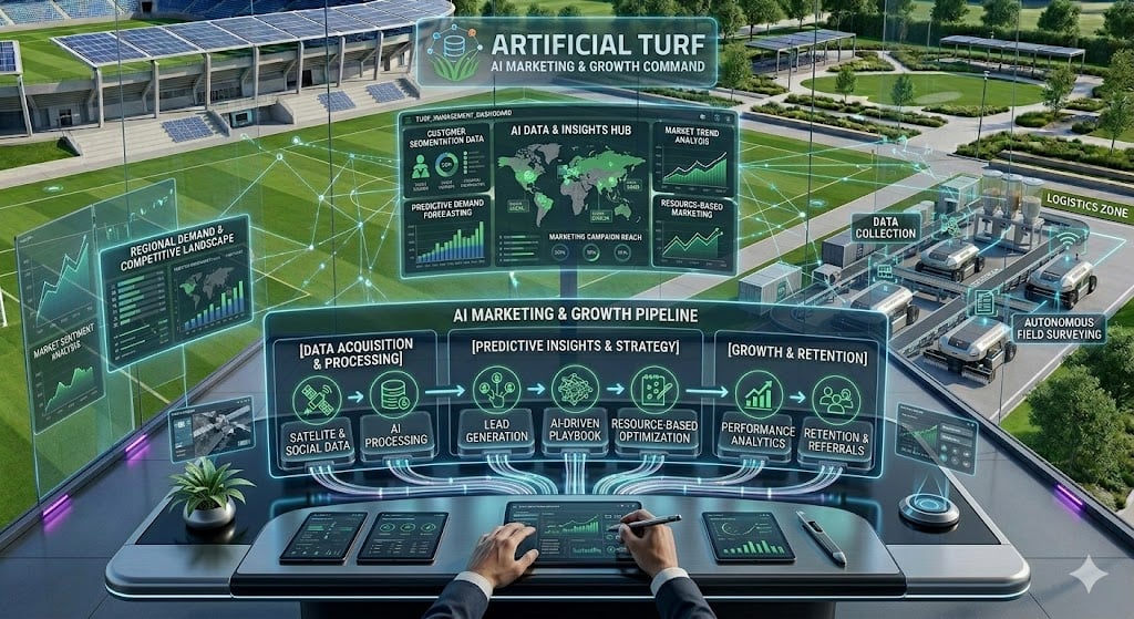 AI marketing dashboard for artificial turf companies, showcasing data analytics and growth strategies, USA.