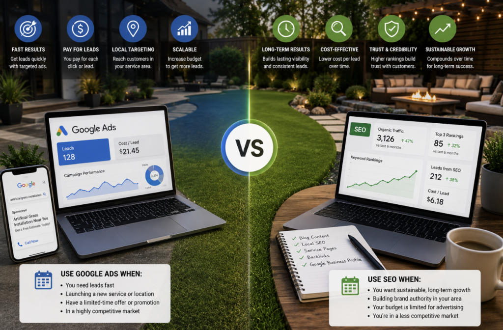 Google Ads vs SEO comparison for turf businesses in the USA.